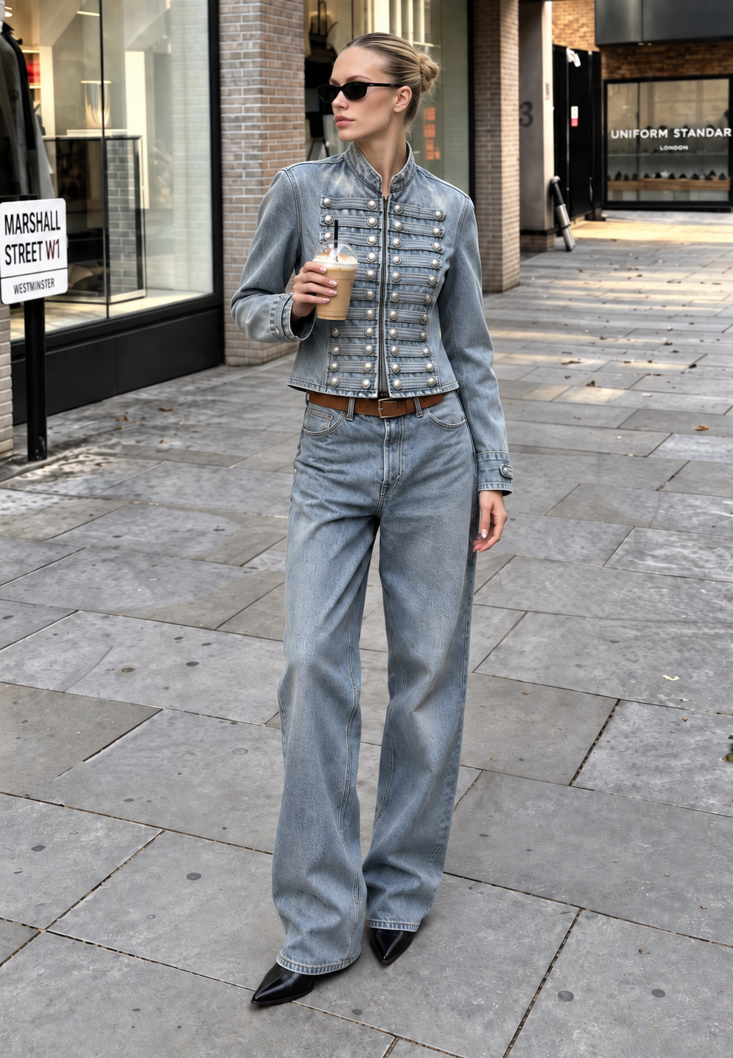 Veste en jean pour femme à col mao et boutons métalliques - Apolline