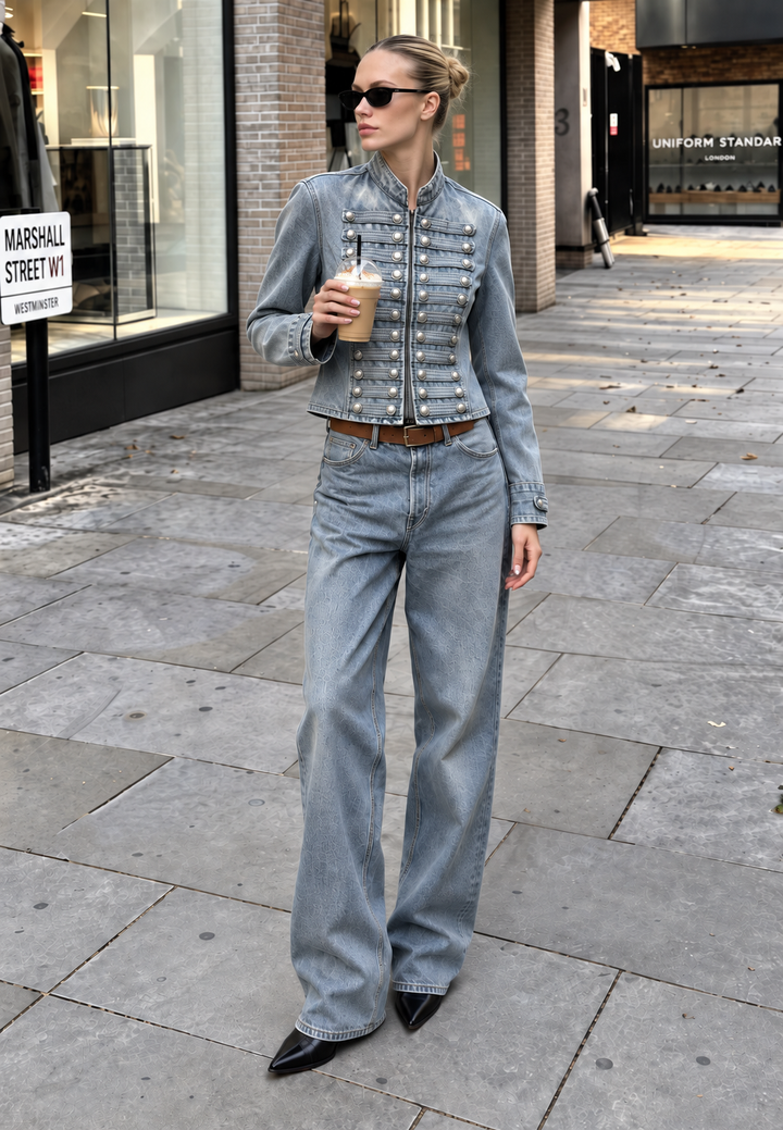 Veste en jean pour femme à col mao et boutons métalliques - Apolline