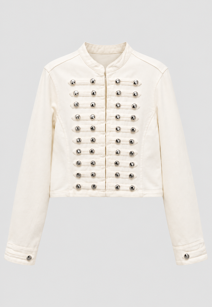 Veste en jean pour femme à col mao et boutons métalliques - Apolline