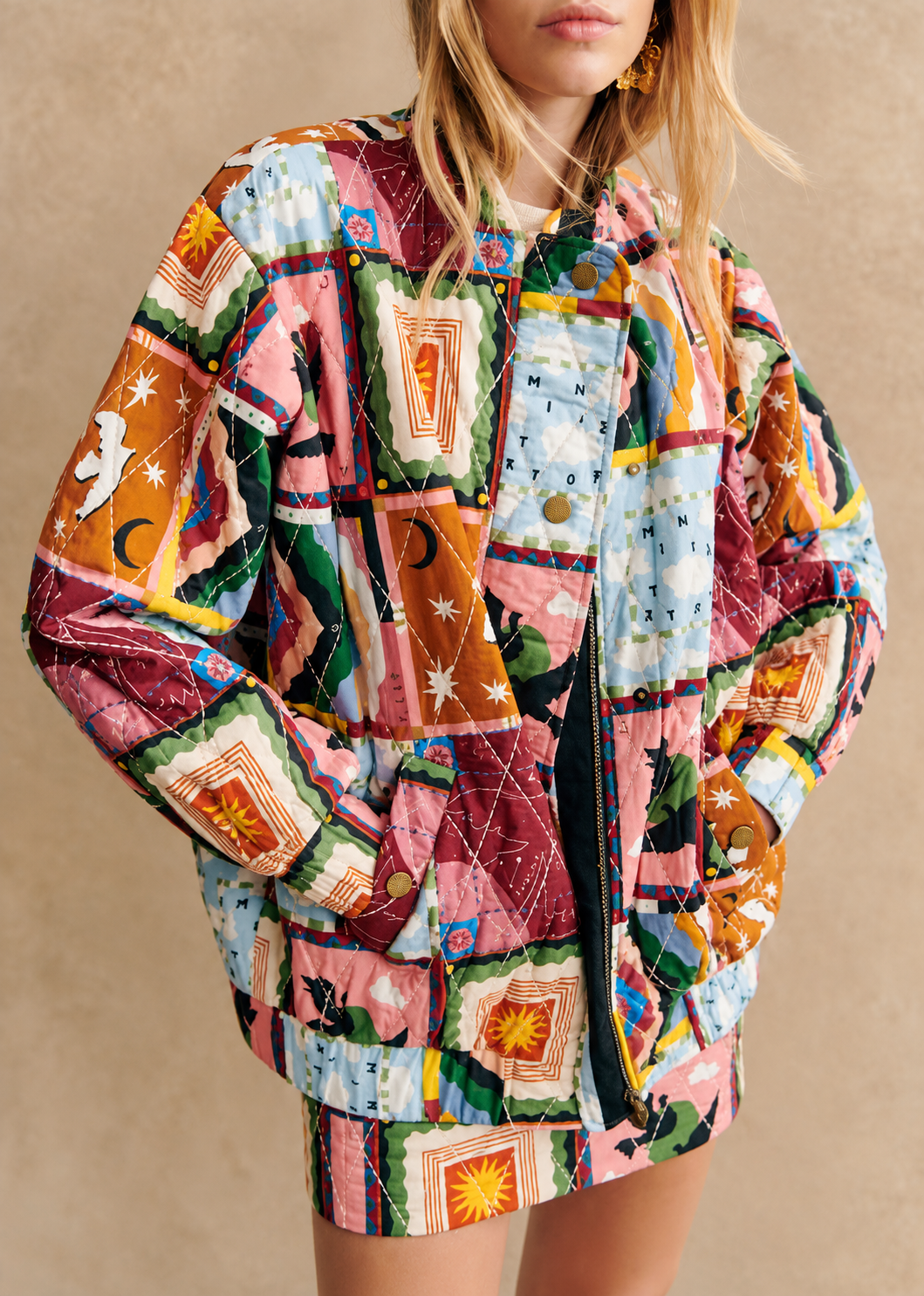 Blouson matelassé femme en patchwork céleste à col montant - Jasmina