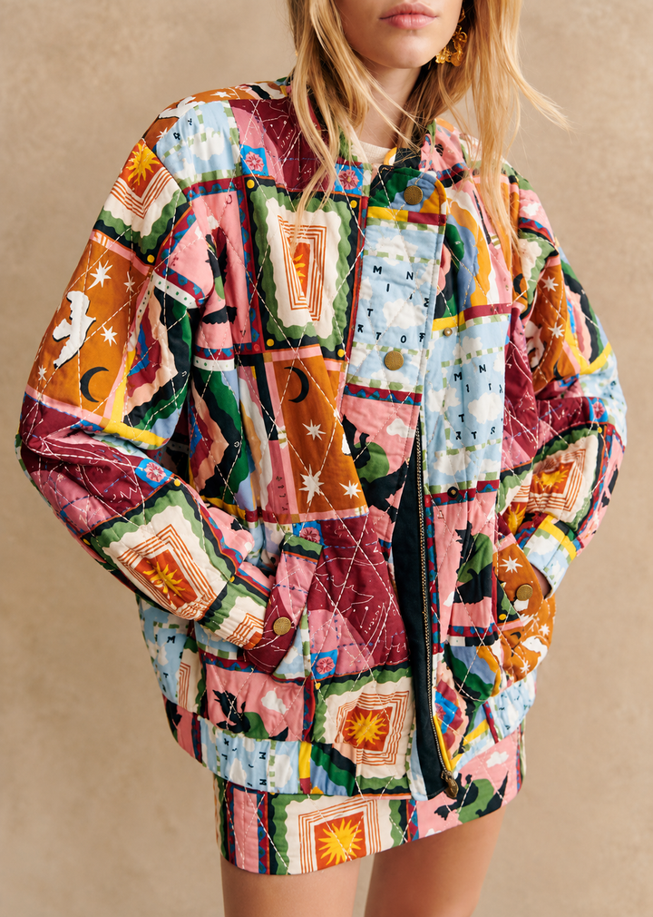 Blouson matelassé femme en patchwork céleste à col montant - Jasmina