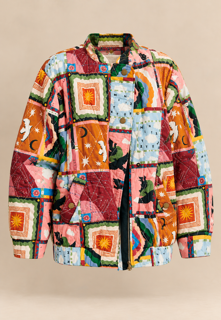 Blouson matelassé femme en patchwork céleste à col montant - Jasmina