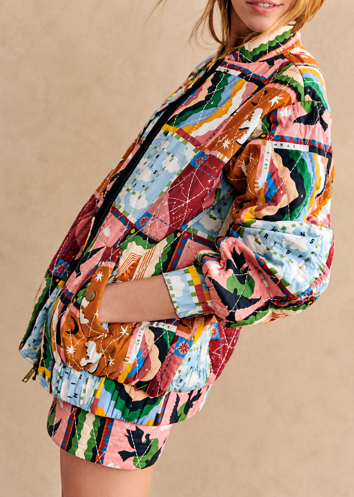 Blouson matelassé femme en patchwork céleste à col montant - Jasmina
