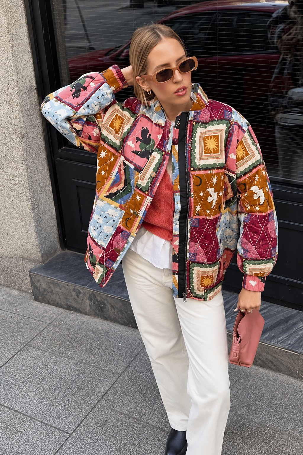 Blouson matelassé femme en patchwork céleste à col montant - Jasmina