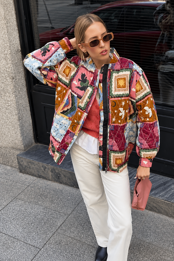 Blouson matelassé femme en patchwork céleste à col montant - Jasmina