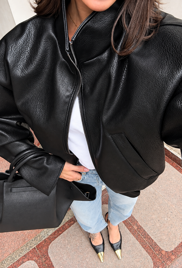 Blouson bomber femme effet cuir à col montant et zip - Sienna