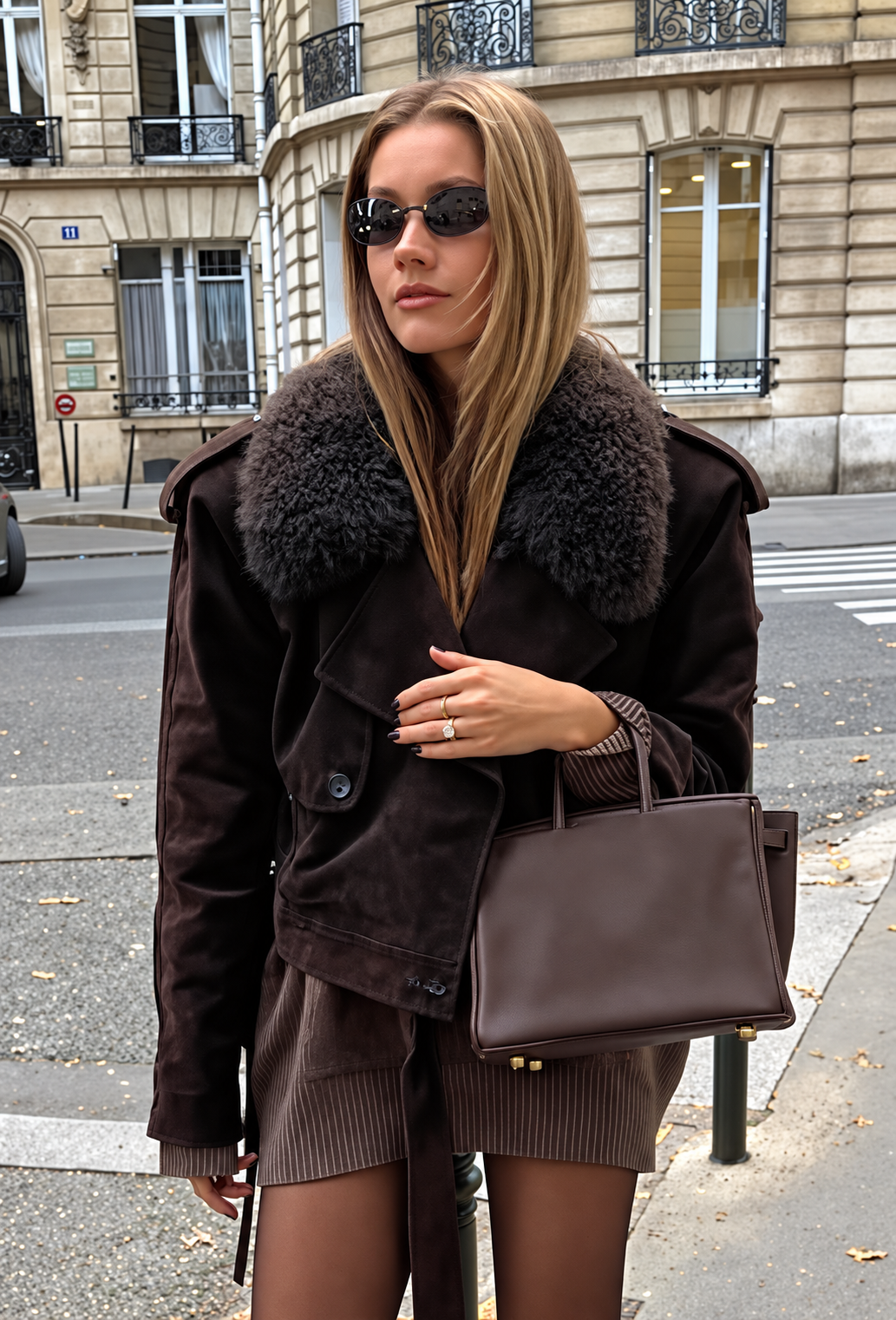 Blouson court femme effet daim à col effet fourrure - Érika