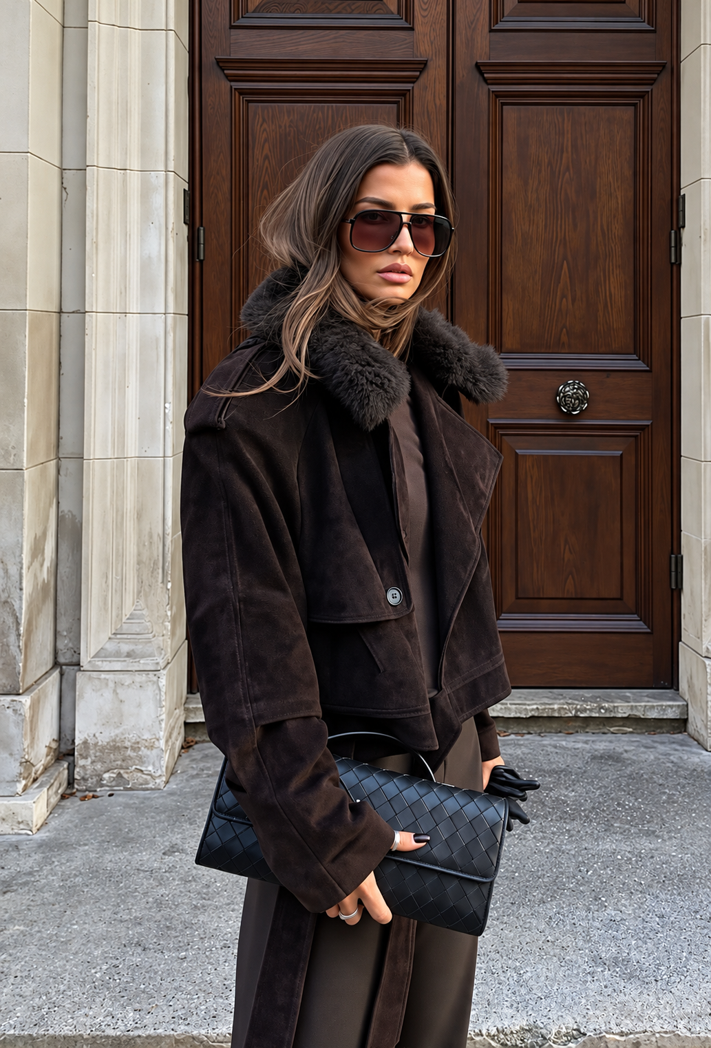 Blouson court femme effet daim à col effet fourrure - Érika