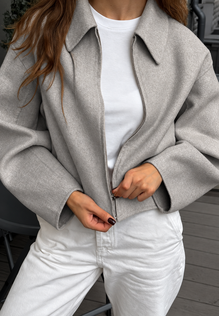 Blouson court femme effet drap de laine à col chemise - Maura