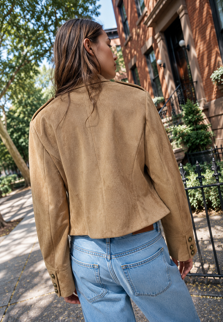 Veste femme effet daim à pattes de boutonnage et col montant - Noémie