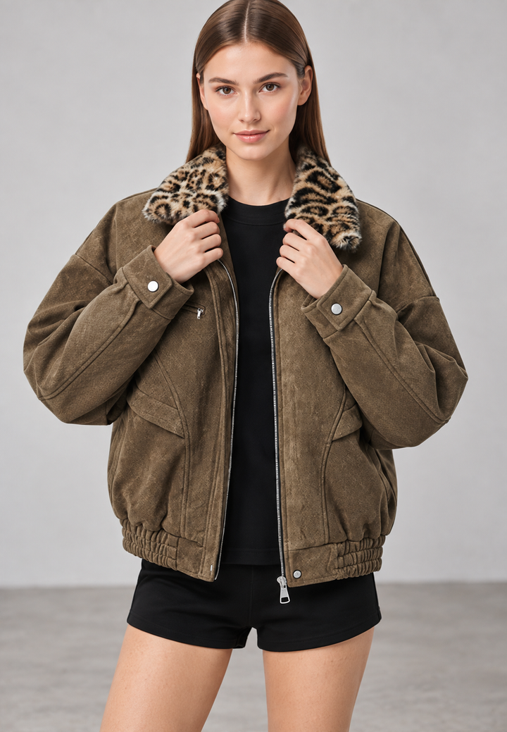 Veste femme effet daim, col effet fourrure, imprimé animalier - Sabela