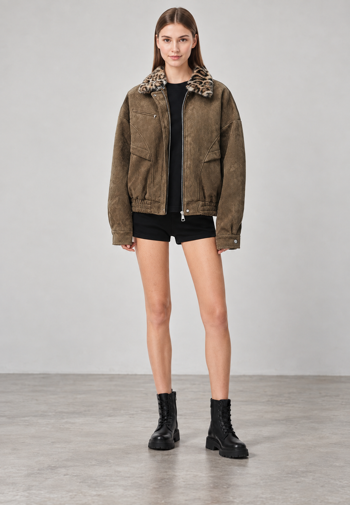 Veste femme effet daim, col effet fourrure, imprimé animalier - Sabela