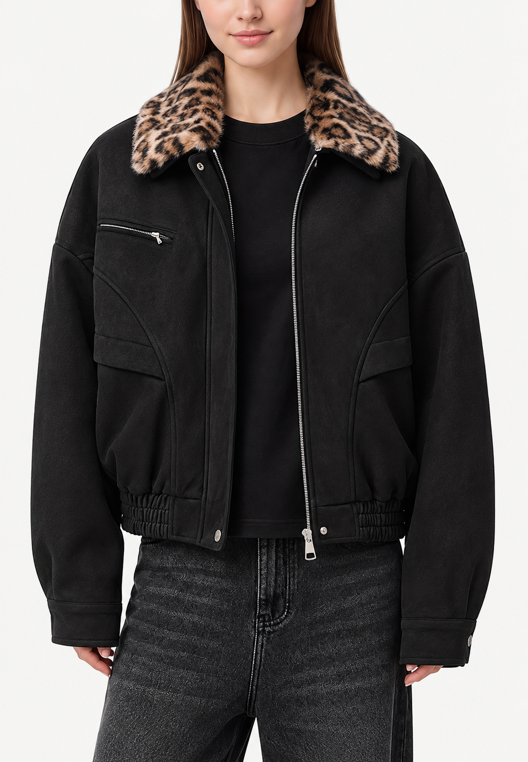 Veste femme effet daim, col effet fourrure, imprimé animalier - Sabela