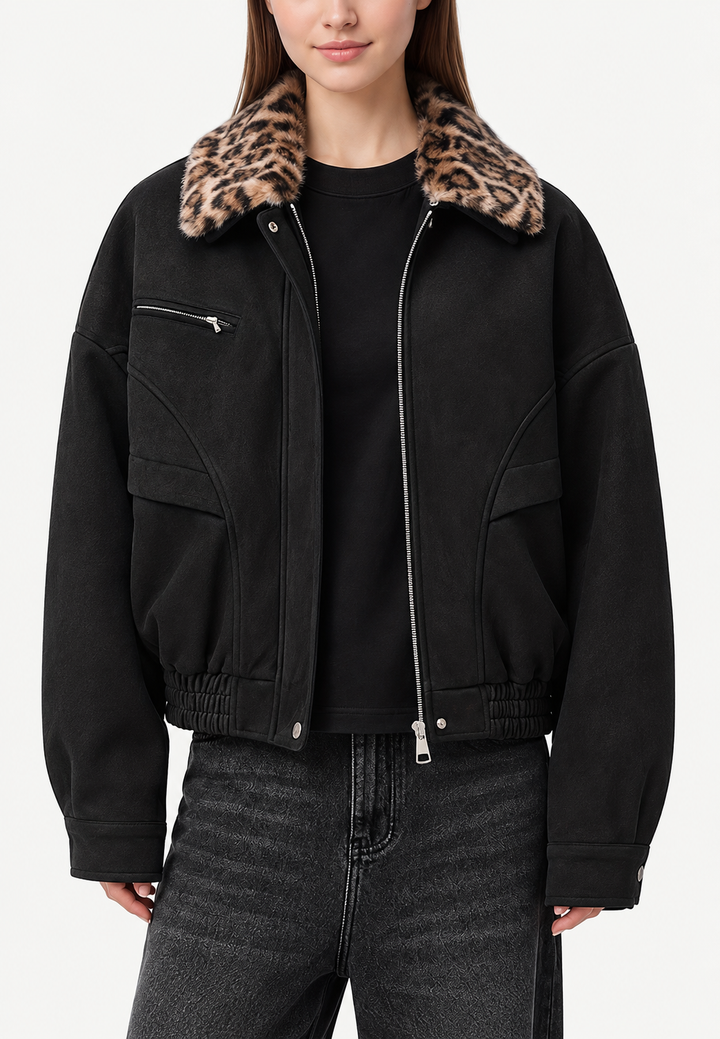 Veste femme effet daim, col effet fourrure, imprimé animalier - Sabela
