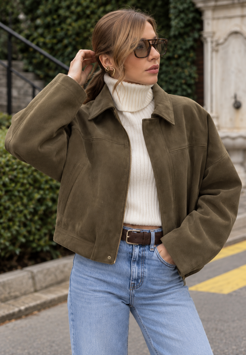 Veste femme effet daim à manches ballon, fermeture à glissière - Mila