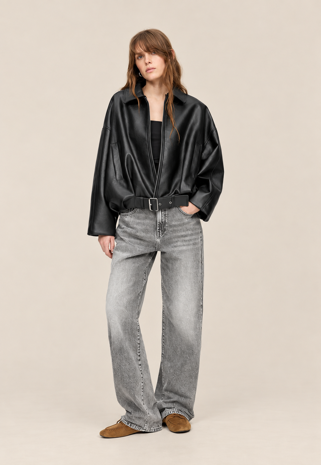 Blouson femme effet cuir avec ceinture à boucle - Ismérie