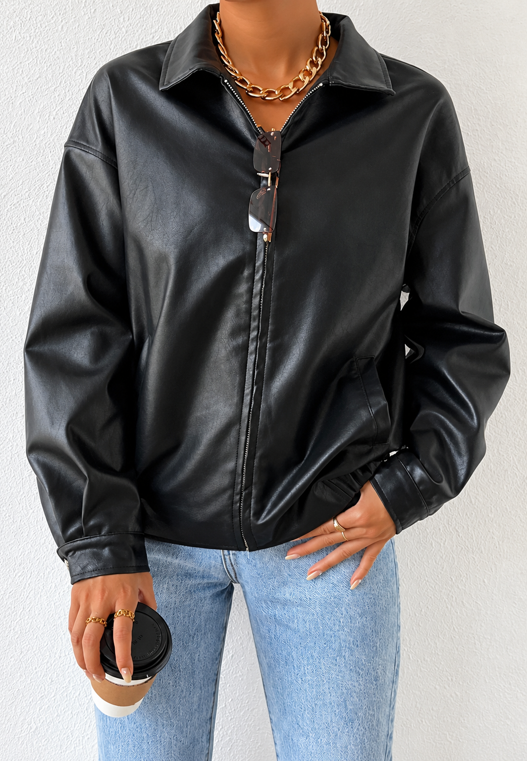 Veste femme effet cuir, fermeture éclair, col chemise - Aroa