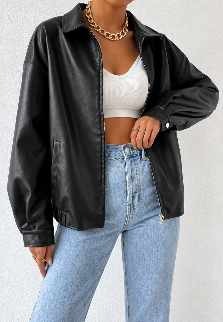 Veste femme effet cuir, fermeture éclair, col chemise - Aroa