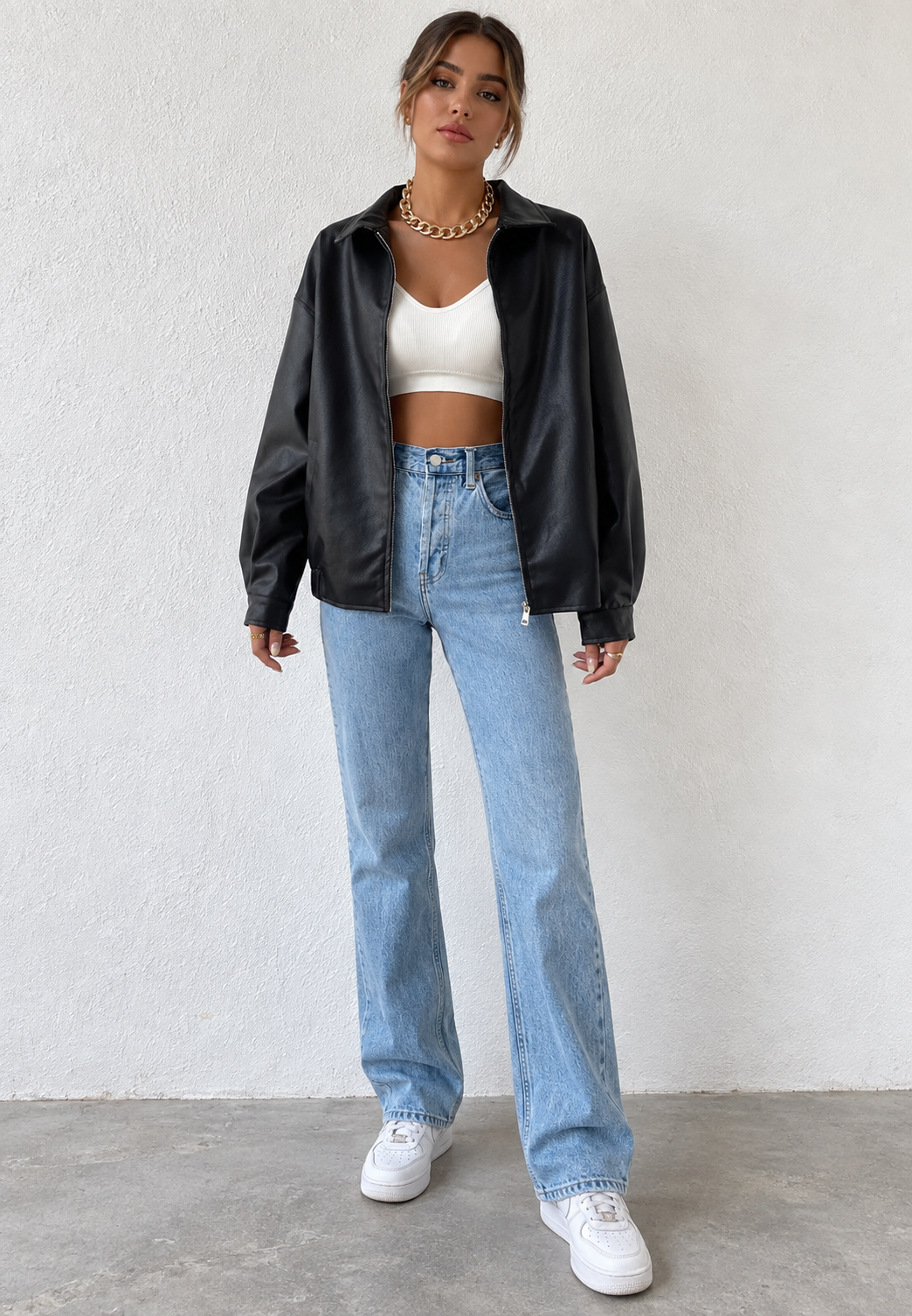 Veste femme effet cuir, fermeture éclair, col chemise - Aroa