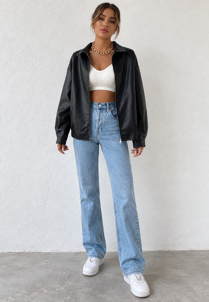Veste femme effet cuir, fermeture éclair, col chemise - Aroa