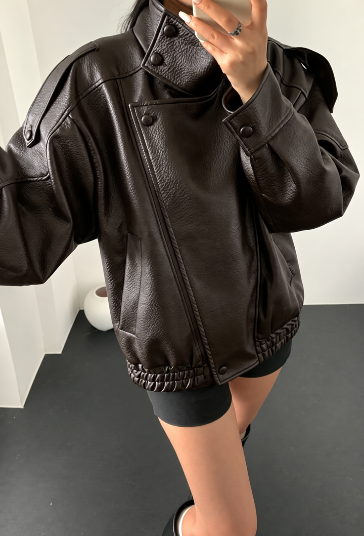 Blouson femme effet cuir à col montant et pattes d&