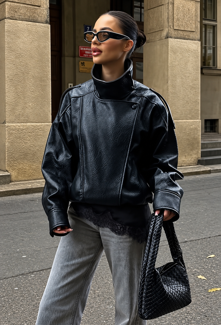 Blouson femme effet cuir à col montant et pattes d&