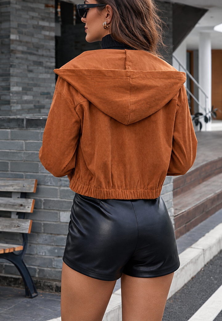 Veste en velours côtelé pour femme, courte, à capuche, poches à rabat - Nalia