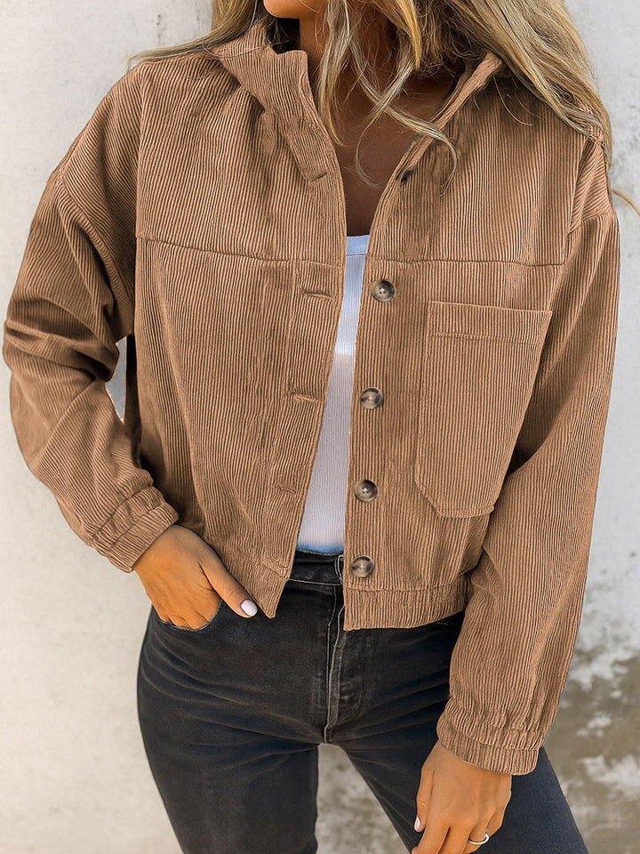 Veste en velours côtelé pour femme, coupe courte, col chemise, poches plaquées - Anouk