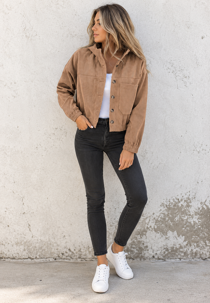 Veste en velours côtelé pour femme, coupe courte, col chemise, poches plaquées - Anouk