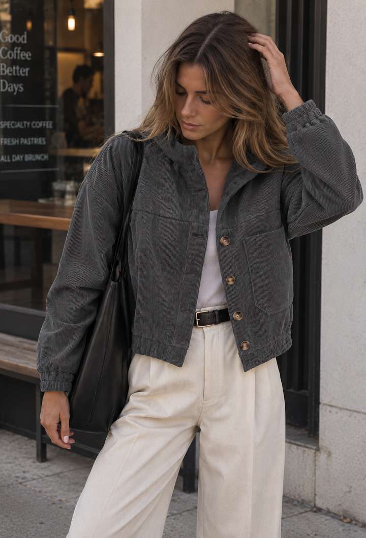 Veste en velours côtelé pour femme, coupe courte, col chemise, poches plaquées - Anouk