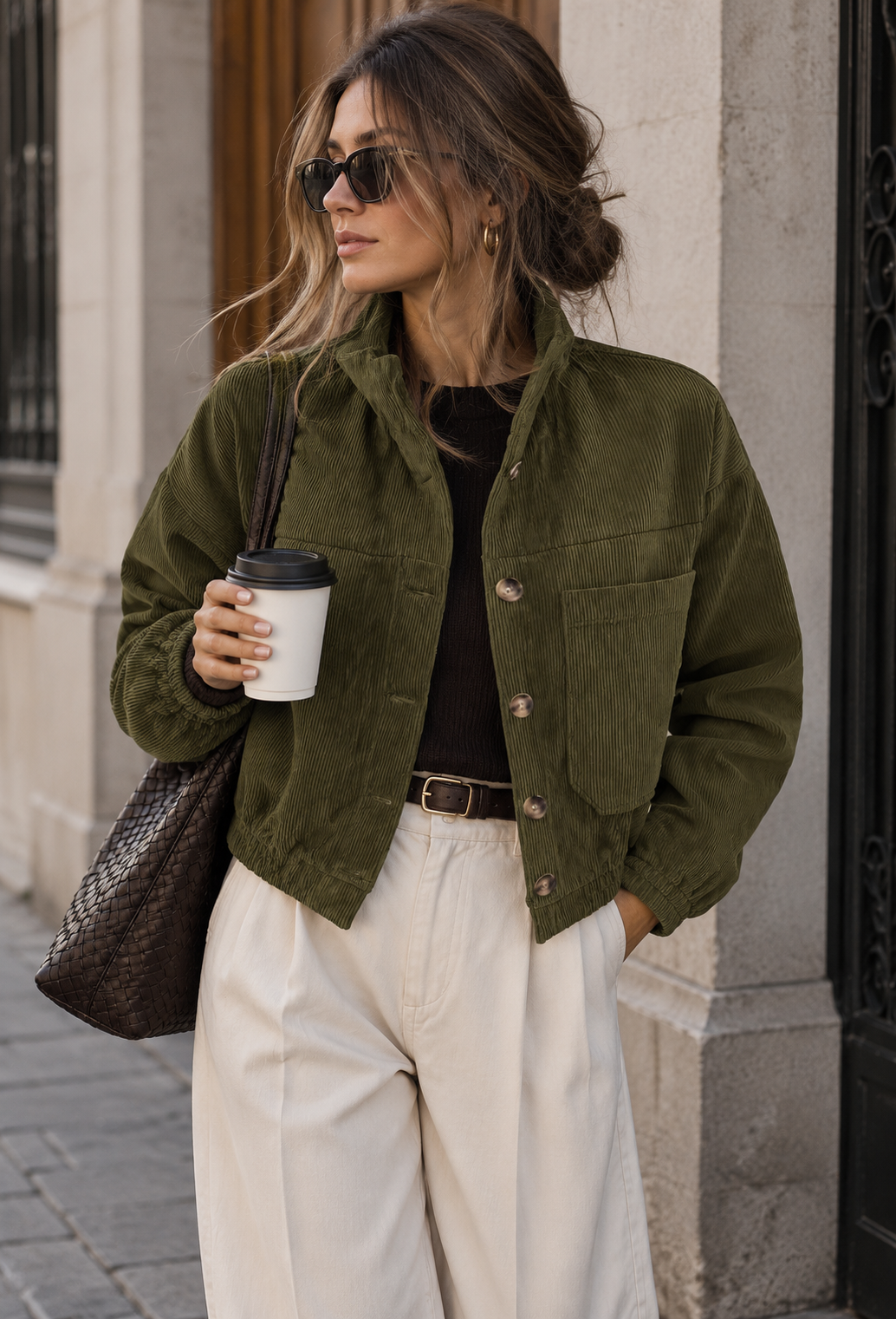 Veste en velours côtelé pour femme, coupe courte, col chemise, poches plaquées - Anouk