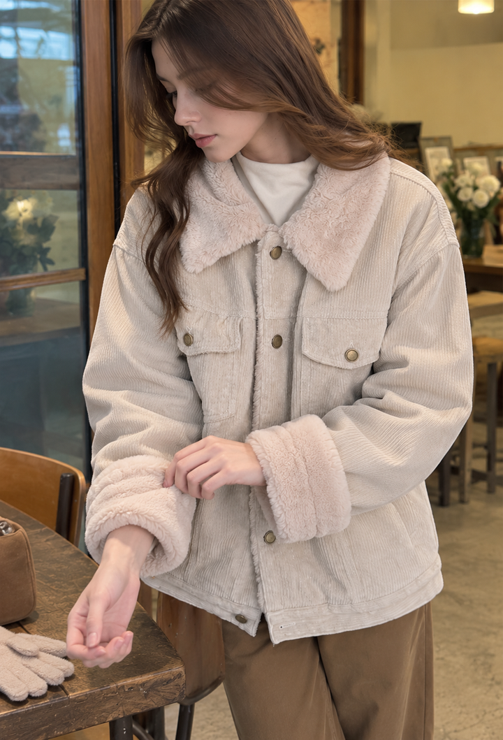 Veste en velours côtelé pour femme, col effet fourrure, poches - Sidonie