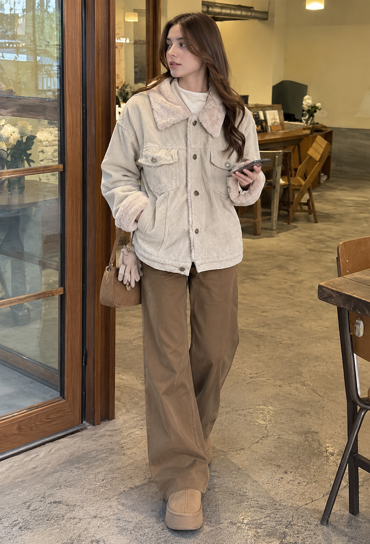 Veste en velours côtelé pour femme, col effet fourrure, poches - Sidonie