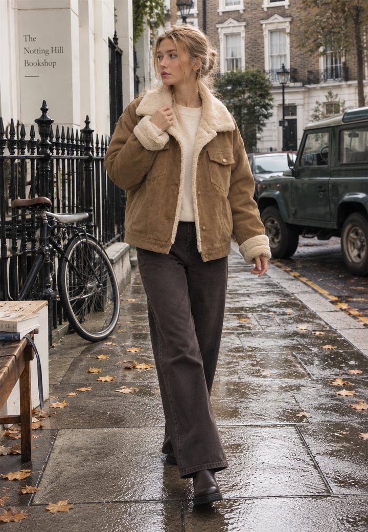 Veste en velours côtelé pour femme, col effet fourrure, poches - Sidonie