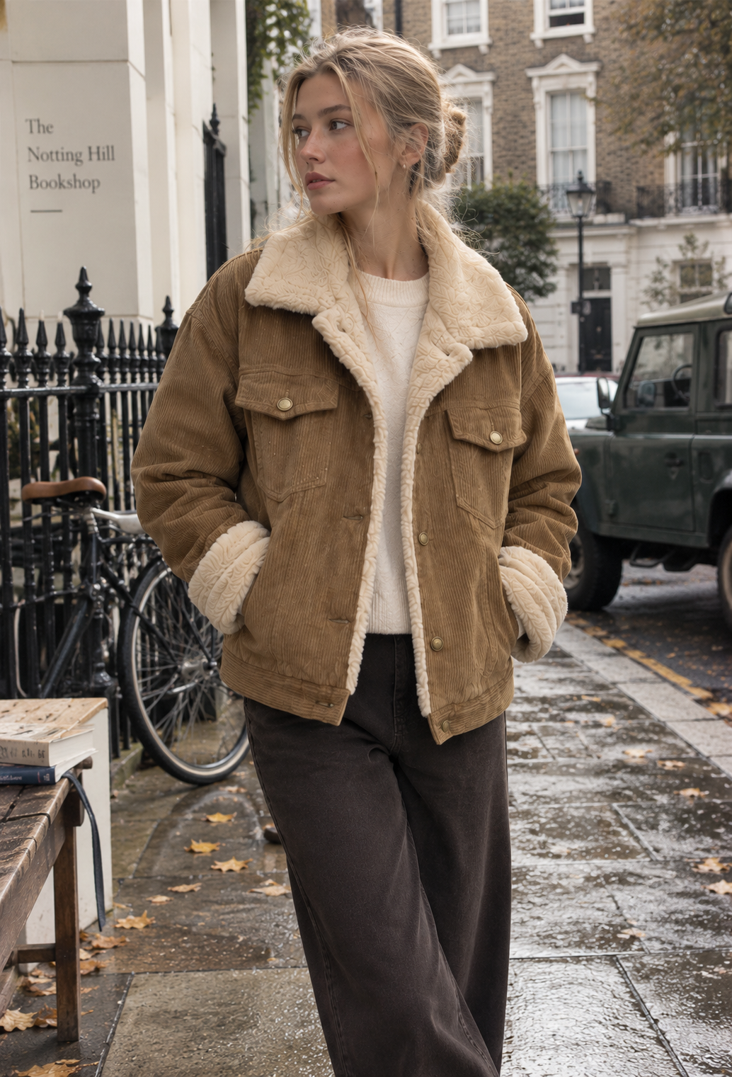 Veste en velours côtelé pour femme, col effet fourrure, poches - Sidonie