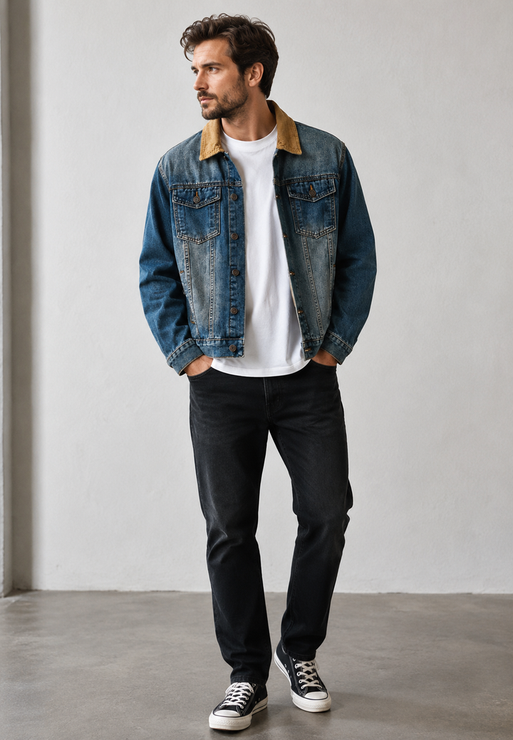 Veste en jean pour homme à col en velours côtelé, effet délavé - Dario