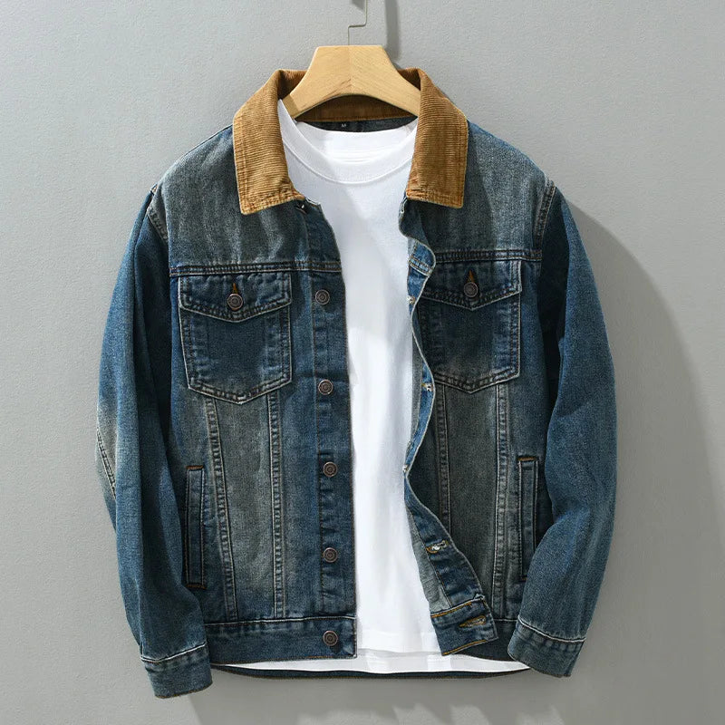 Veste en jean pour homme à col en velours côtelé, effet délavé - Dario