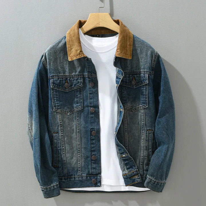 Veste en jean pour homme à col en velours côtelé, effet délavé - Dario