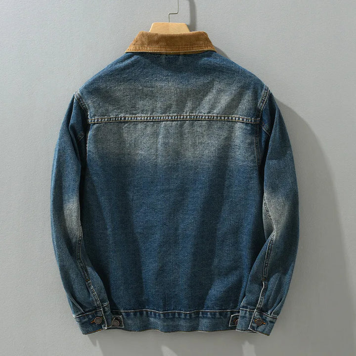 Veste en jean pour homme à col en velours côtelé, effet délavé - Dario