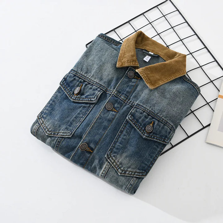 Veste en jean pour homme à col en velours côtelé, effet délavé - Dario