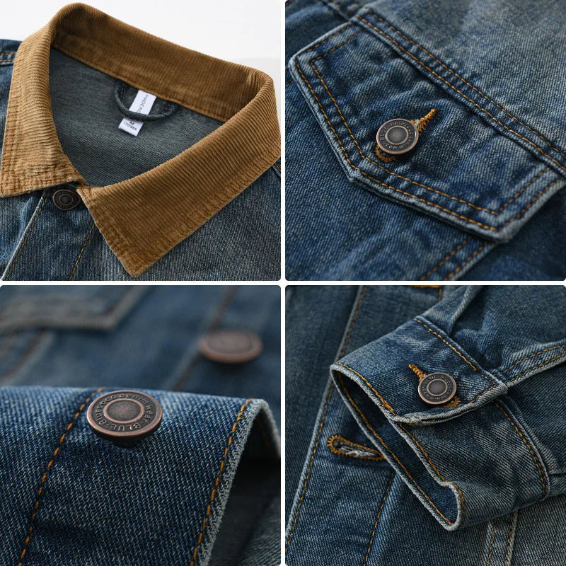 Veste en jean pour homme à col en velours côtelé, effet délavé - Dario
