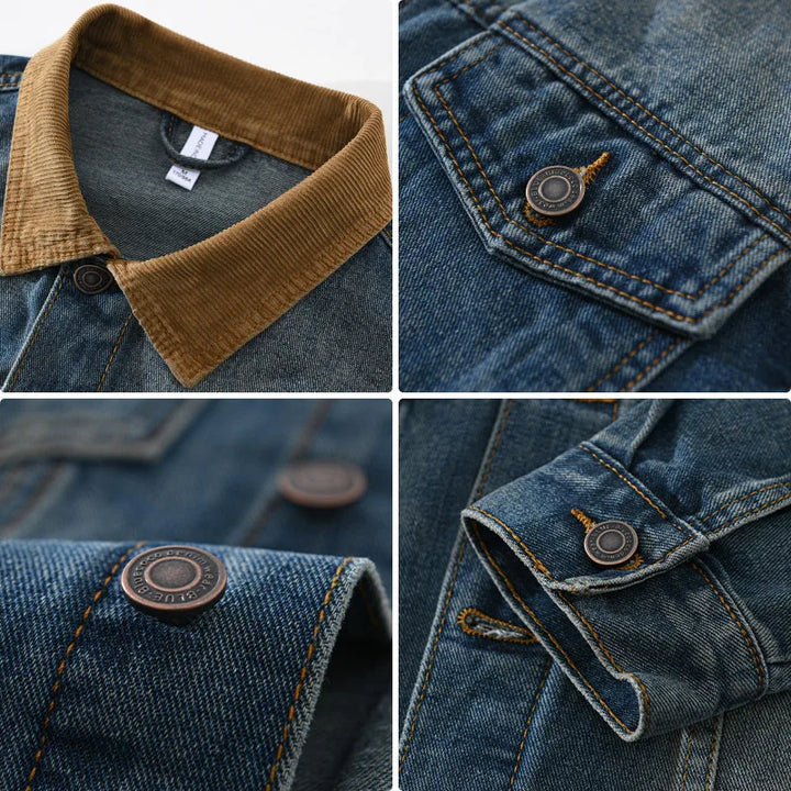 Veste en jean pour homme à col en velours côtelé, effet délavé - Dario