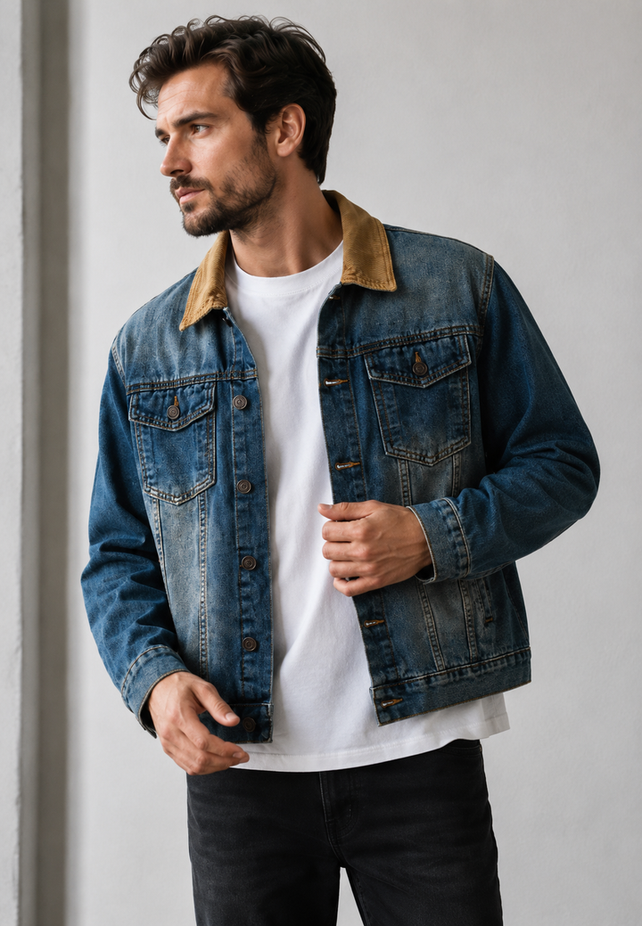 Veste en jean pour homme à col en velours côtelé, effet délavé - Dario