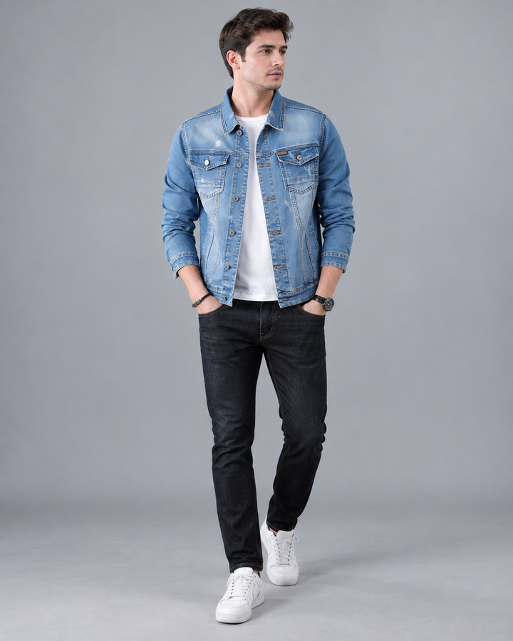 Veste en jean pour homme, effet délavé, poches à rabat - Armand