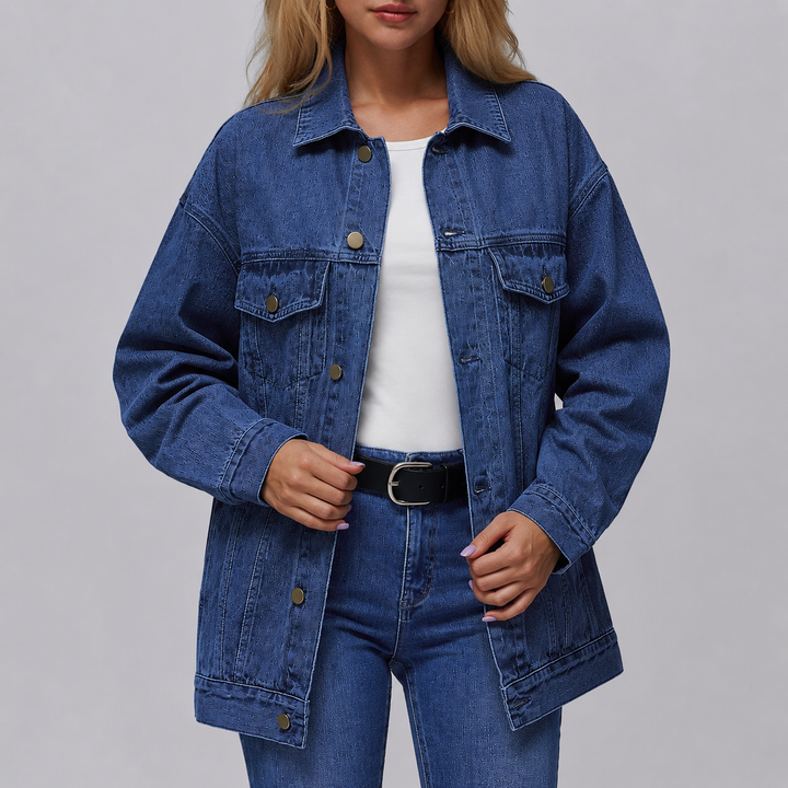 Veste en jean oversize longue pour femme avec poches à rabat - Eira