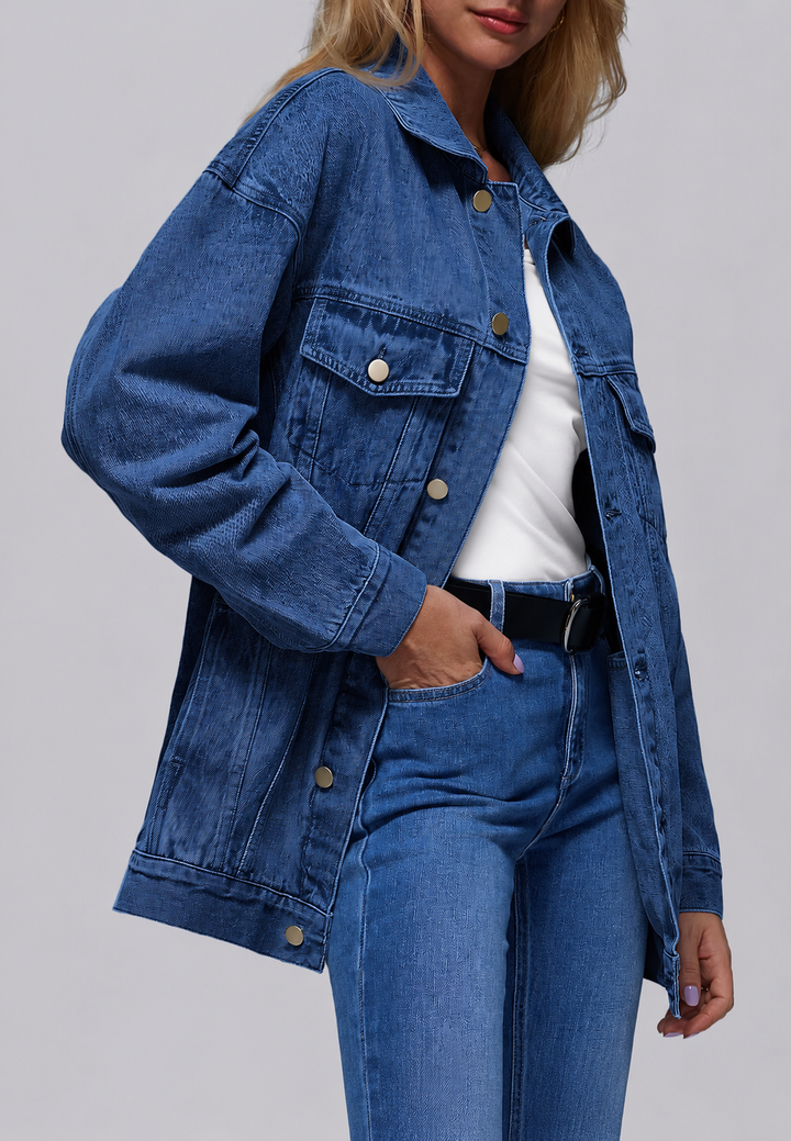 Veste en jean oversize longue pour femme avec poches à rabat - Eira