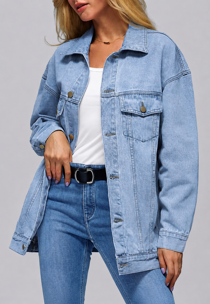 Veste en jean oversize longue pour femme avec poches à rabat - Eira