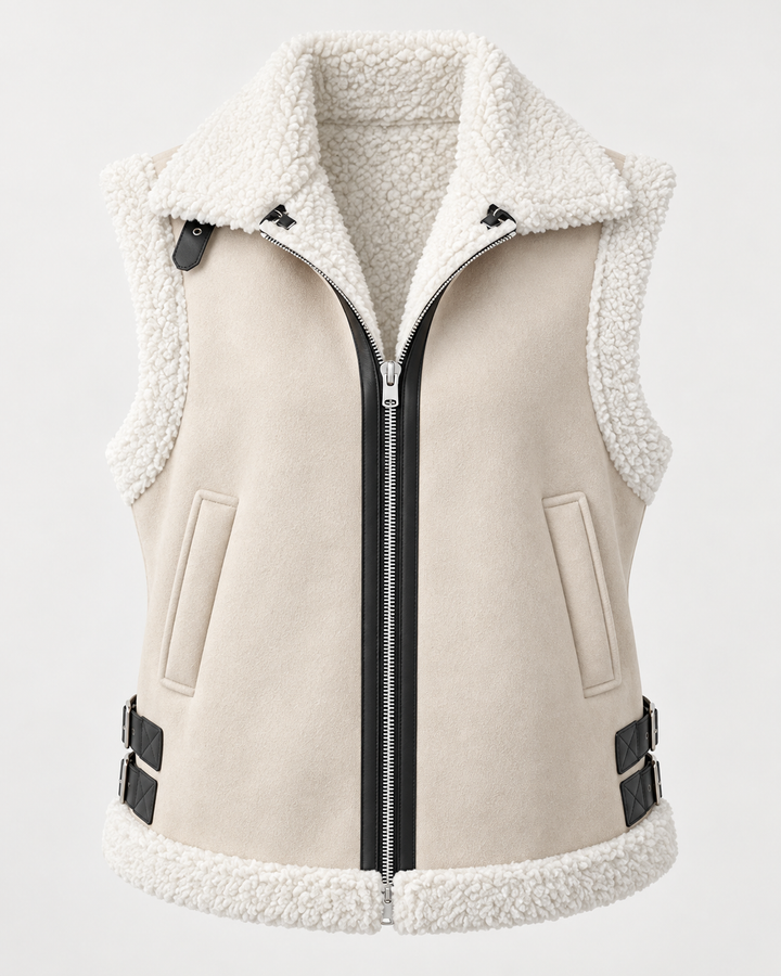 Gilet effet daim, col effet fourrure, boucles sur les côtés - Lisette
