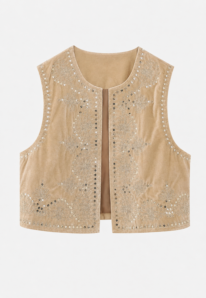 Gilet femme en velours à motifs floraux brodés - Celina