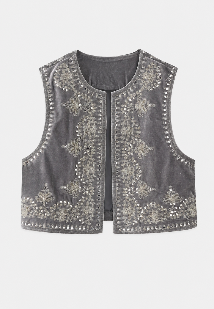 Gilet femme en velours à motifs floraux brodés - Celina